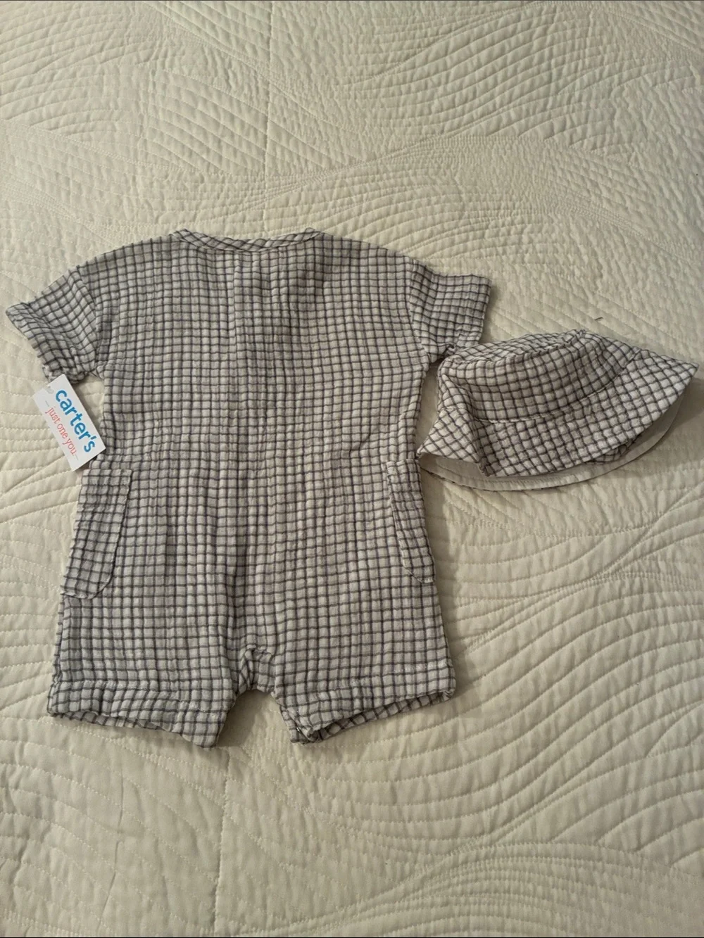 Carter's Cream and Navy Grid Short-Sleeve Romper with Matching Hat